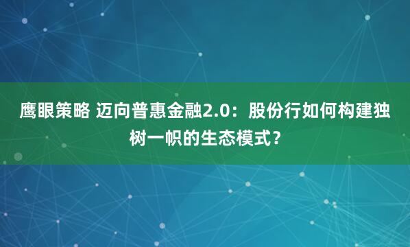 鹰眼策略 迈向普惠金融2.0：股份行如何构建独树一帜的生态模式？